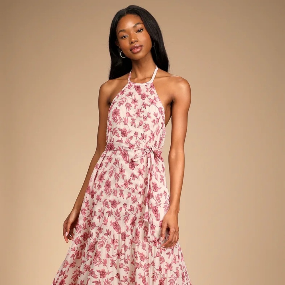 Cream Floral Pleated Halter Maxi Dress NEW WITH TAGS Wedding Guest Dress